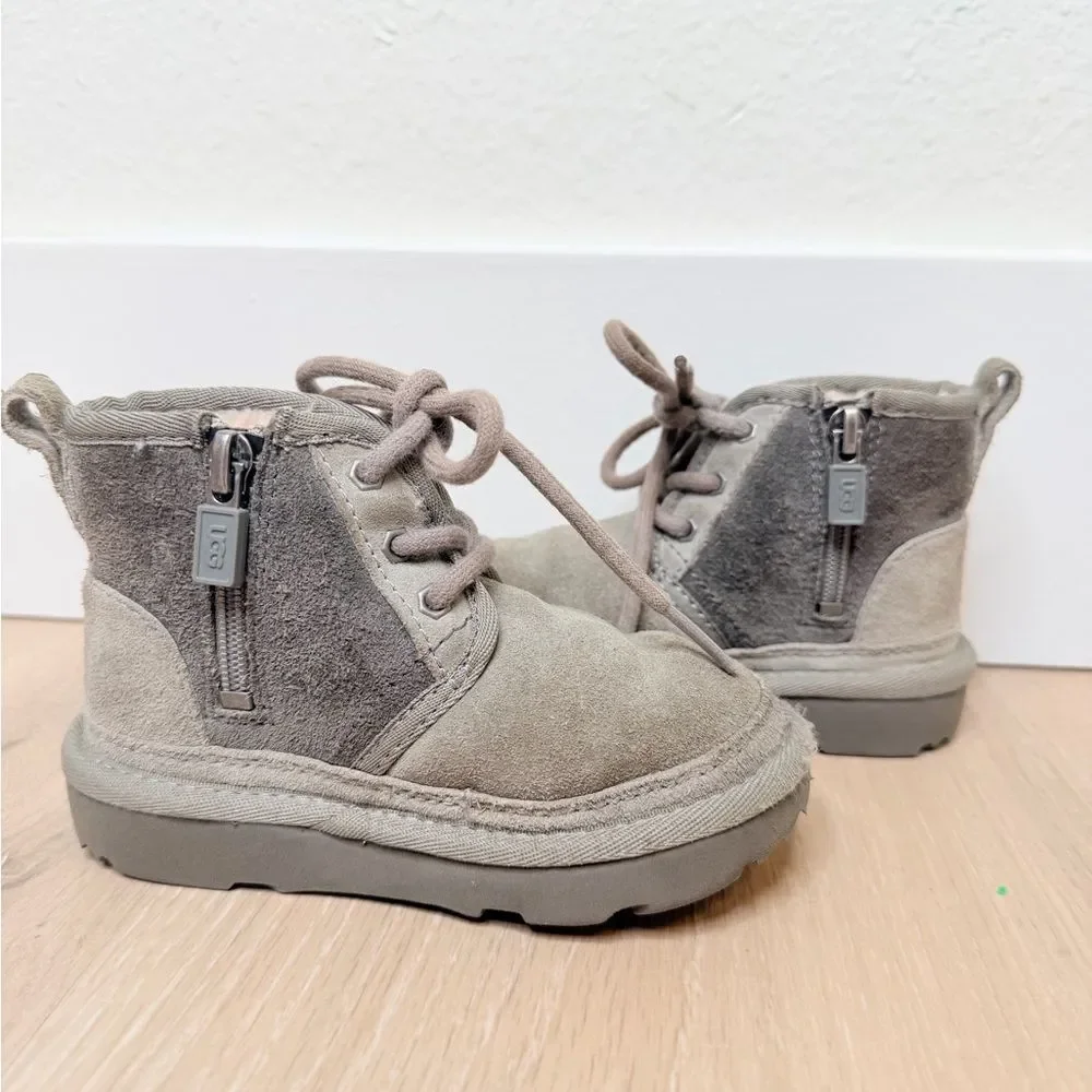 Grey UGG Boots Lace Up Ties + Side Zipper. Toddler size 8